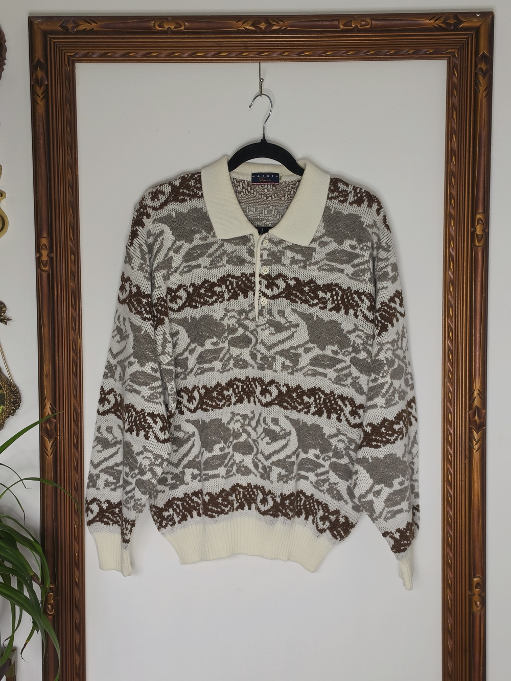 Vintage Cream Zip Polo Sweater with Brown and Gray Jacquard